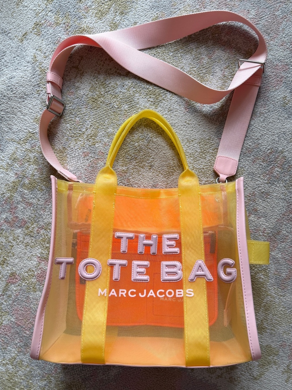 Marc Jacobs Pink and Yellow mesh The Tote Bag with top handle